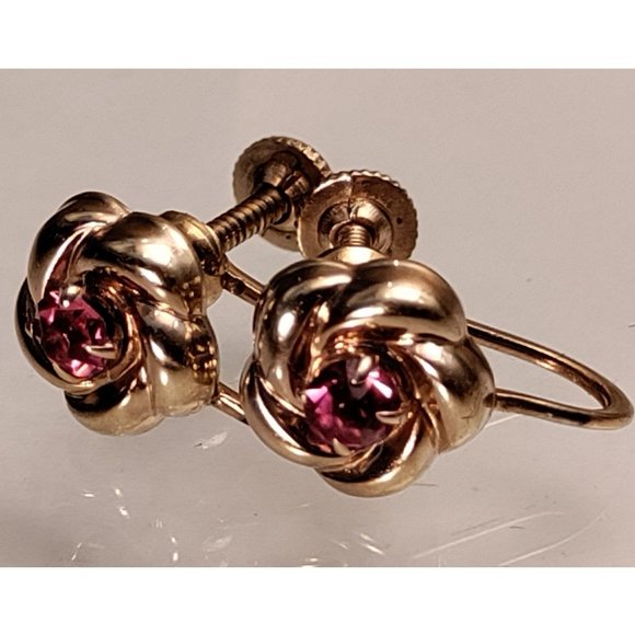 Vintage 10k Yellow Gold Small Flower Pink Paste Rhinestone Screw Back Earrings - Picture 3 of 6